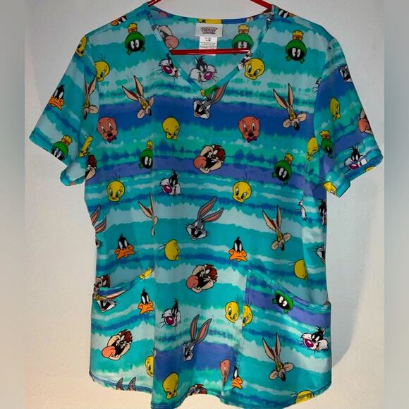 EUC Looney Tunes Womens Blue Print scrub Top pockets size Large - Picture 1 of 3